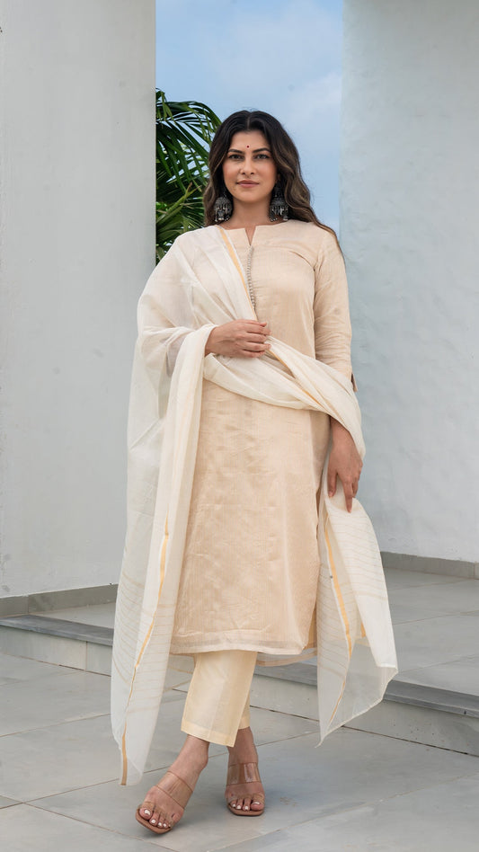 Anamika Pure Tissue Kurta Set - Ivory/Gold