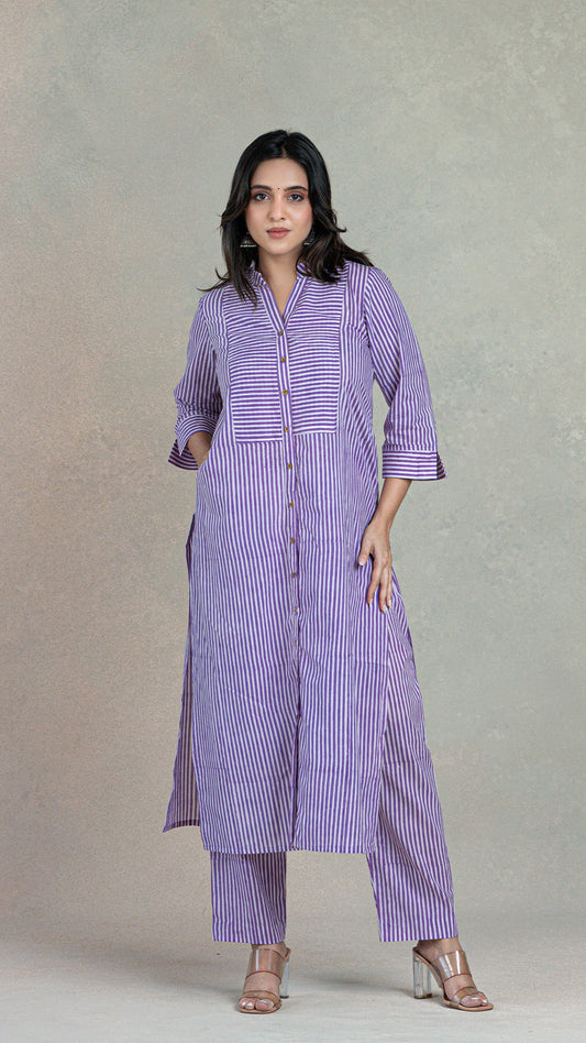 Lavender Stripes Hand Block Cotton Kurta