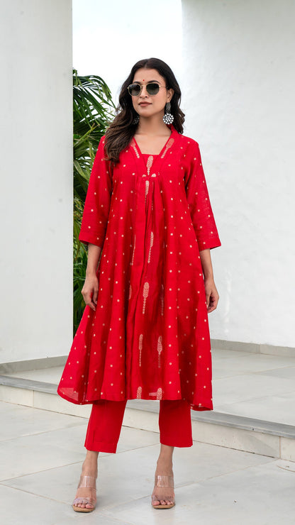 Paaro Chanderi Kali Kurta Set - Red