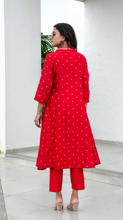 Paaro Chanderi Kali Kurta Set - Red