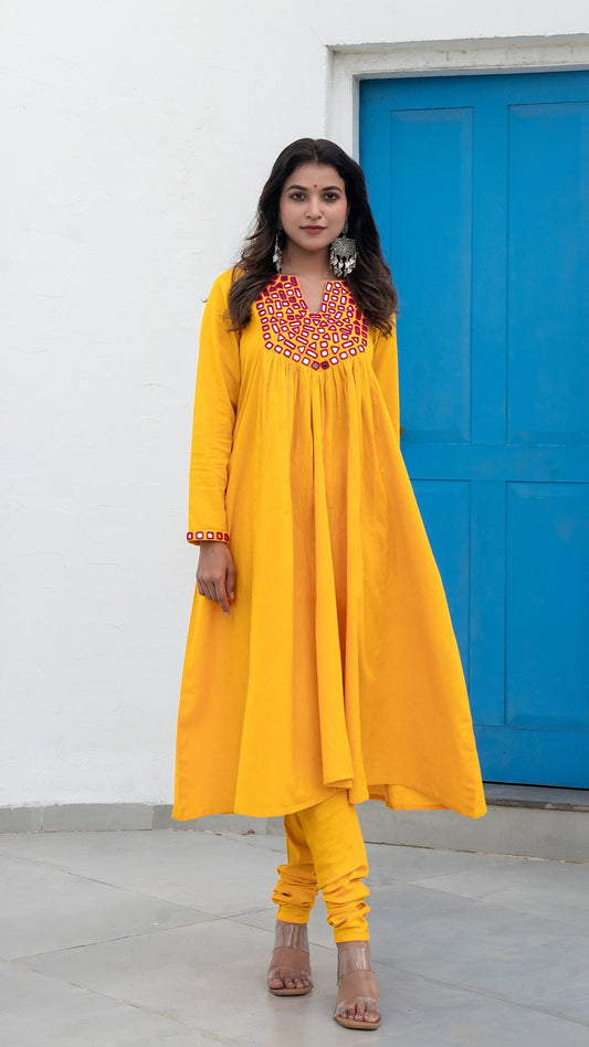 Yellow Mirror Embroidered Kurta In Cotton