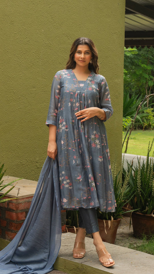 Aiza Chanderi Kurta Set - Blue