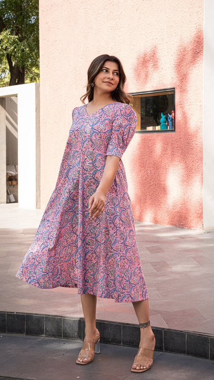 Smahi Sanganeri Print Dress - Pink