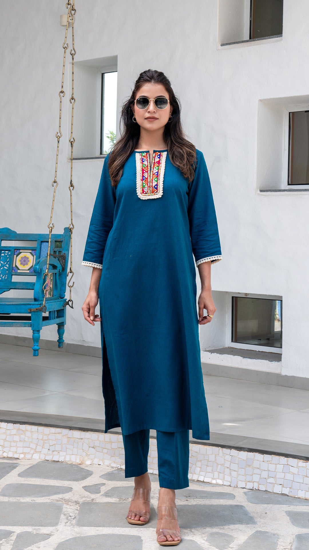 Blue Cotton Kurta With Embroidered Patch