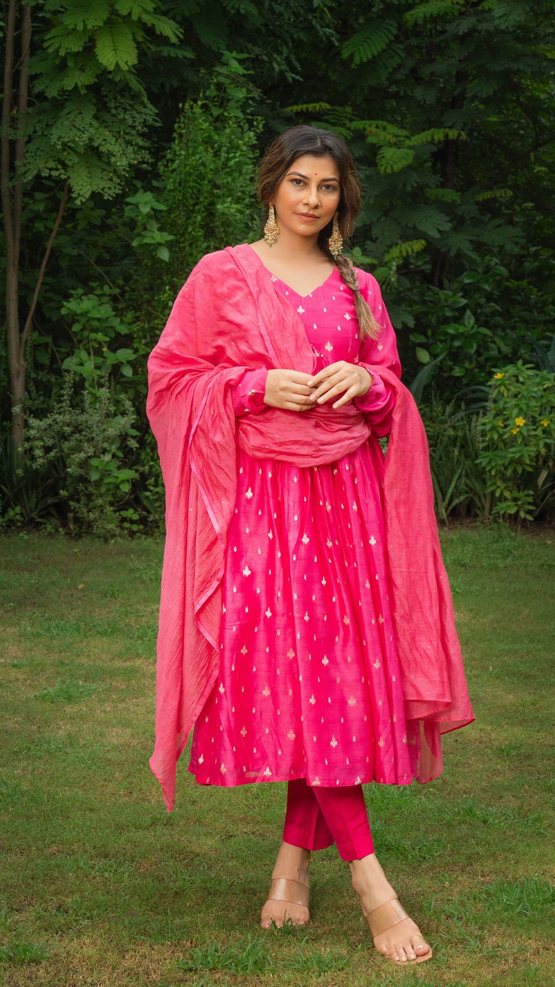 Tasneem Woven Chanderi Kurta Set - Rani Pink