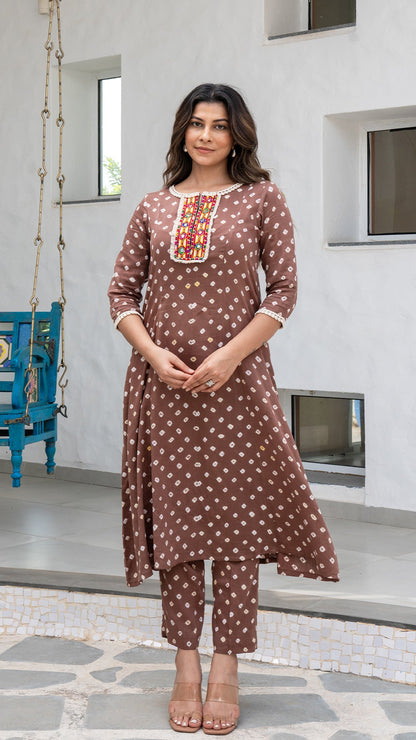 Brown Bandhani Cotton Kurta With Embroidered Patch