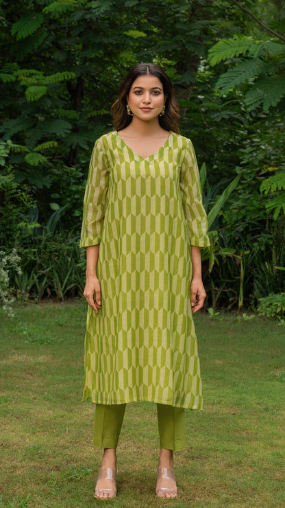 Green Geometric Print Mul Chanderi Kurta