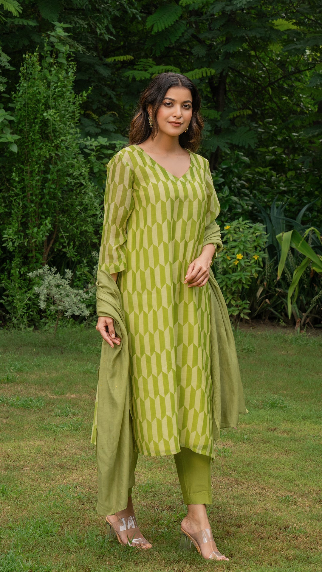 Green Geometric Print Mul Chanderi Kurta