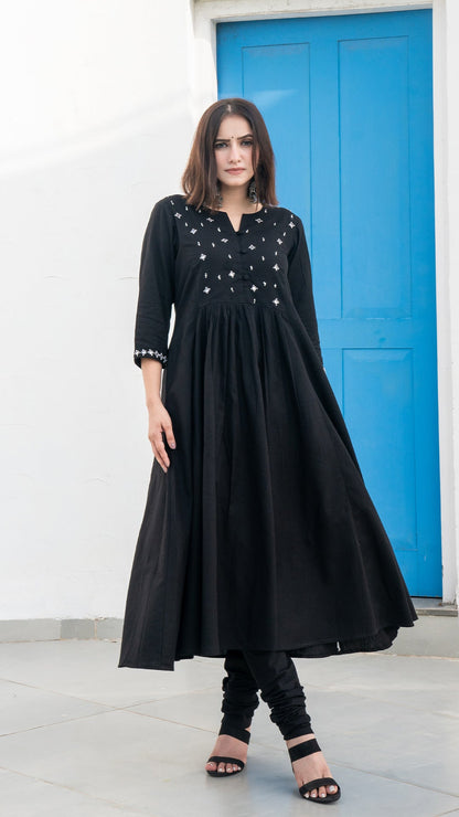 Black Mirror Embroidered Kurta In Cotton