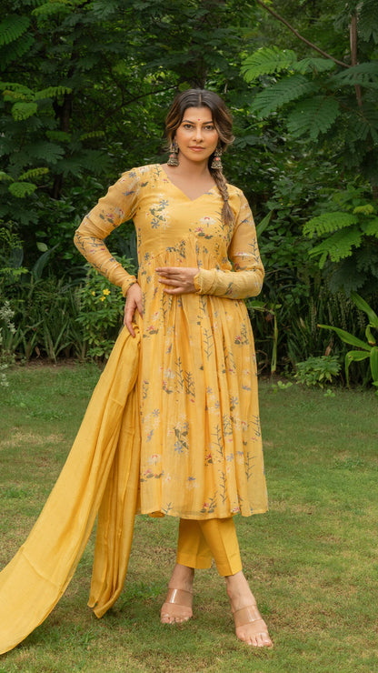 Aabha Floral Jaal Chanderi Kurta Set - Yellow