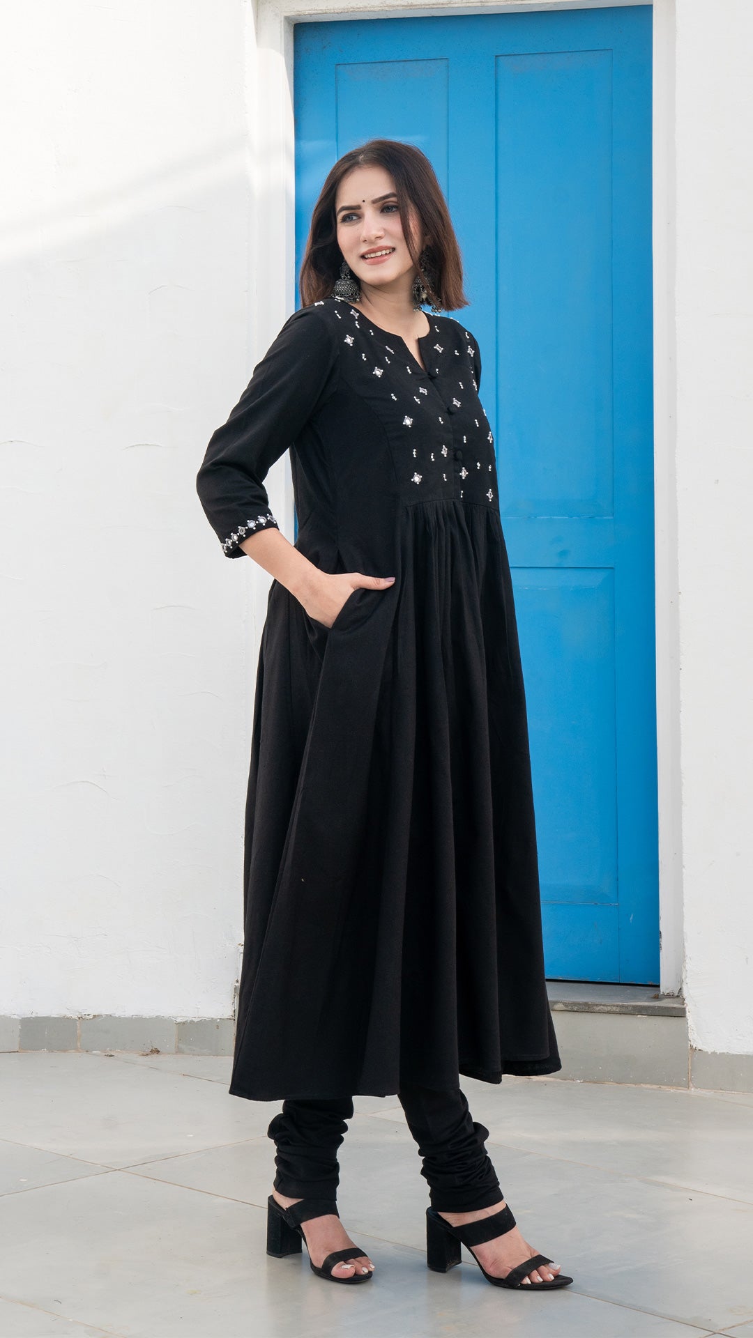 Black Mirror Embroidered Kurta In Cotton