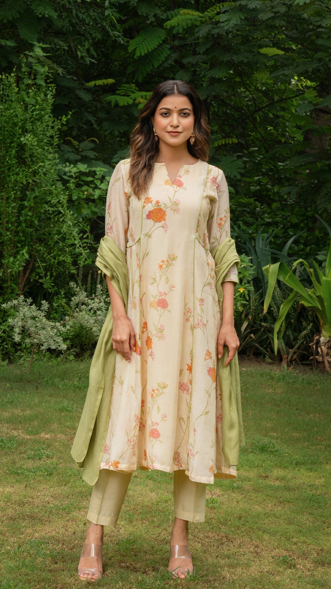 Kim Floral Jaal Chanderi Kali Kurta Set - Beige