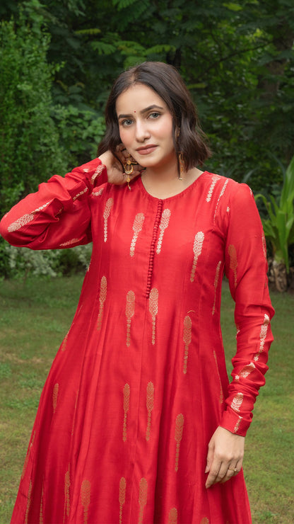 Smahi Chanderi Kali Kurta Set - Red