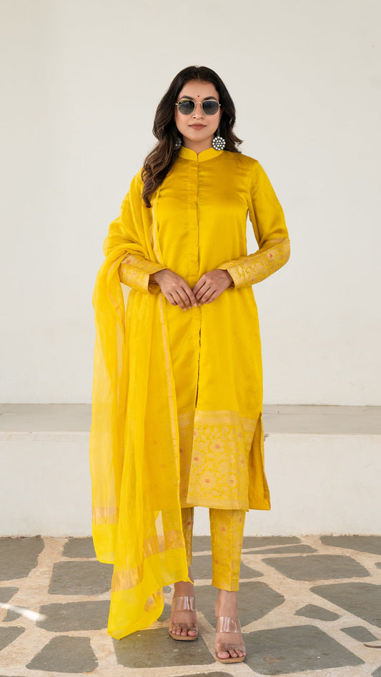 Liza - Yellow Pure Woven Chanderi Jodhpuri Kurta Set