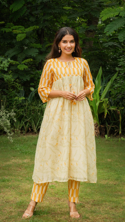 Dhriti Chanderi Pleated Kurta - Yellow