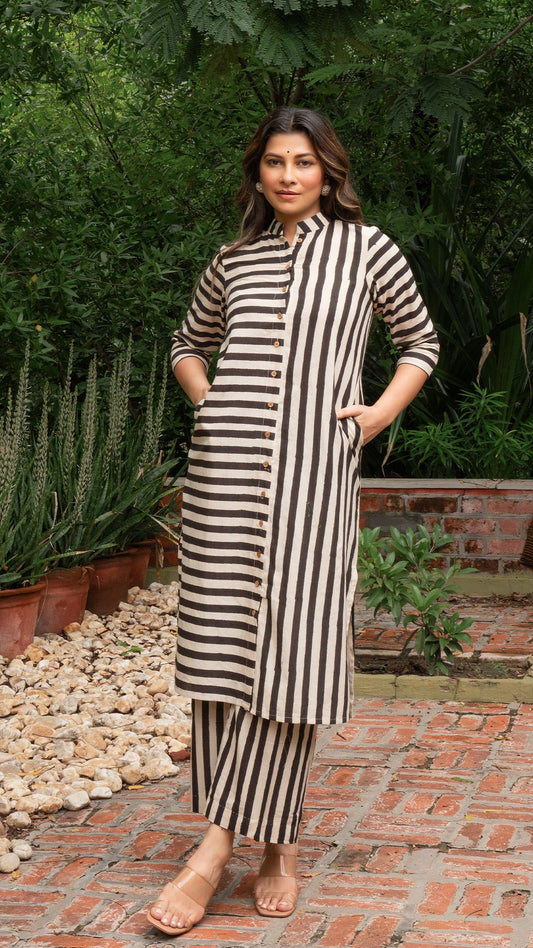 Black Stripes Hand Block Cotton Kurta