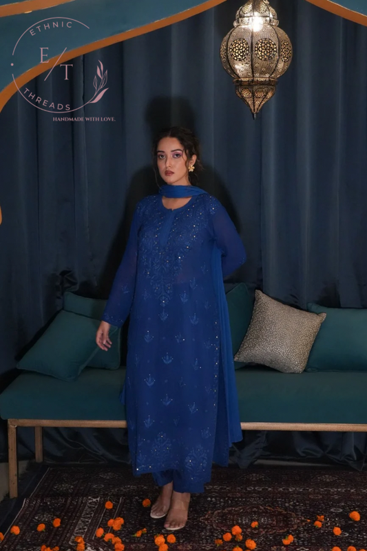 Gulnaaz Chikankari and mukaish 3 pc set in blue