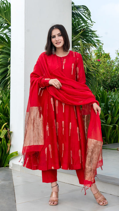 Smahi Chanderi Kali Kurta Set - Red