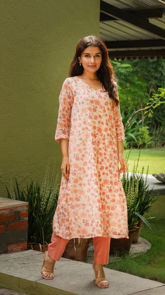 Anayata Mul Chanderi Floral Jaal Kurta - Peach