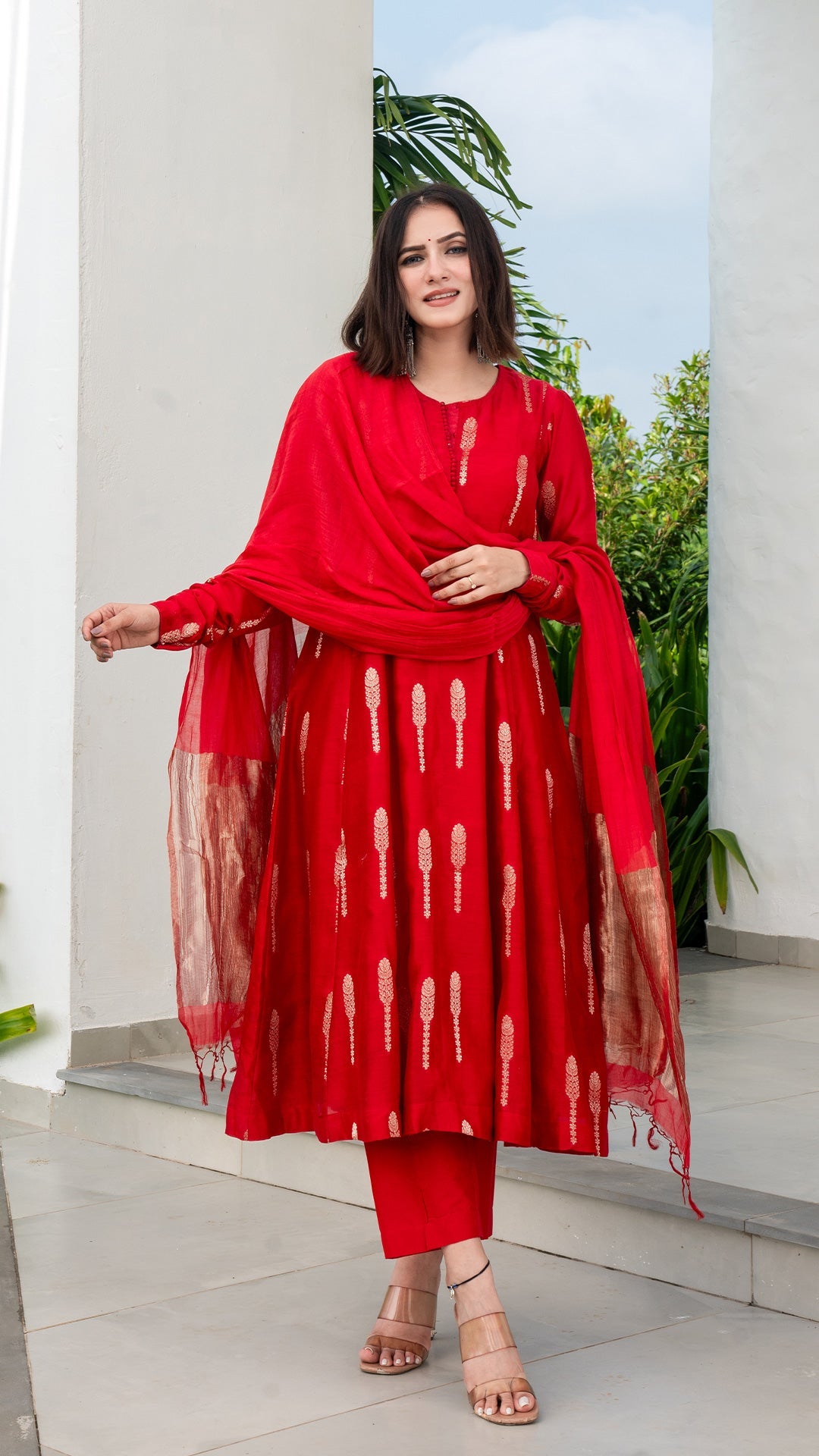 Smahi Chanderi Kali Kurta Set - Red