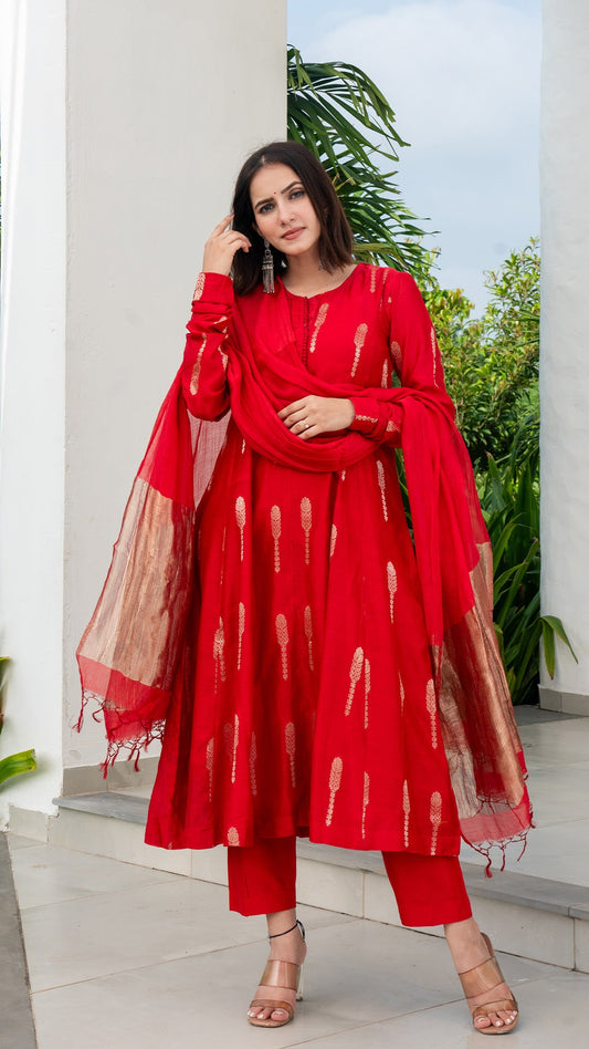 Smahi Chanderi Kali Kurta Set - Red