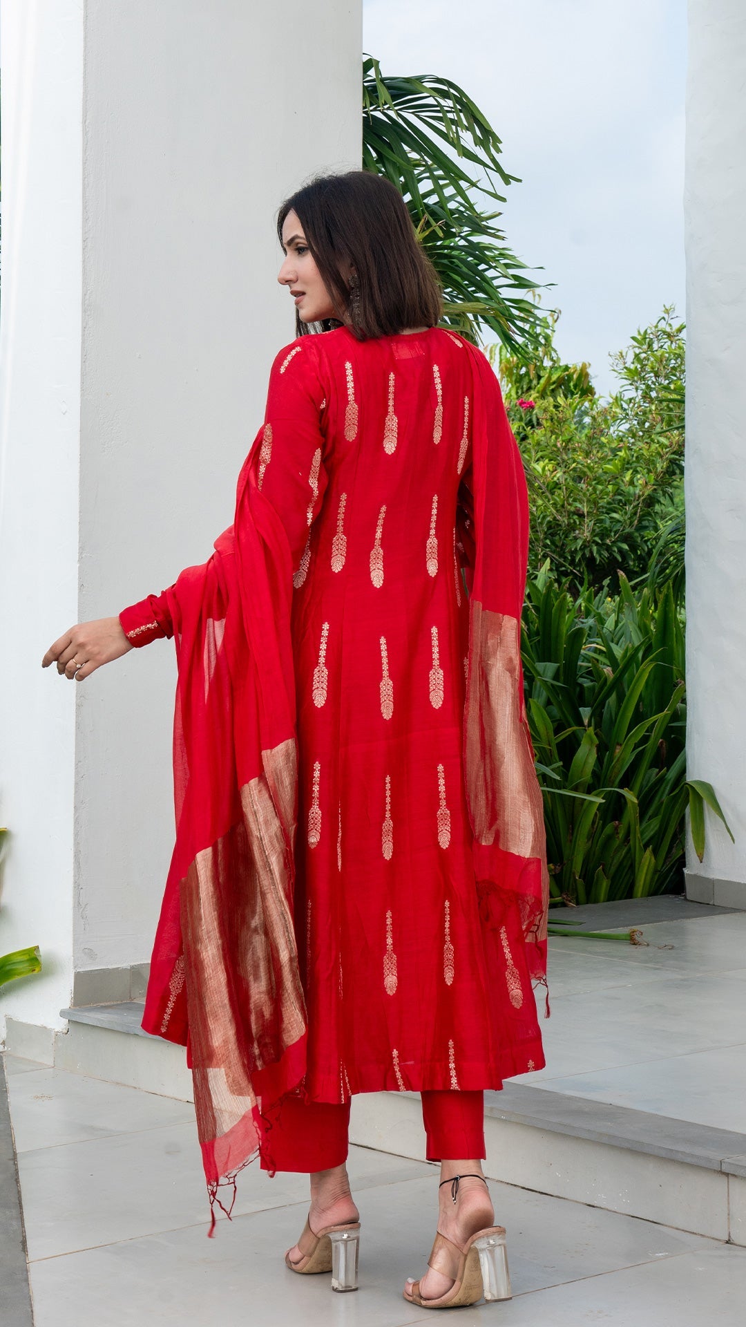 Smahi Chanderi Kali Kurta Set - Red