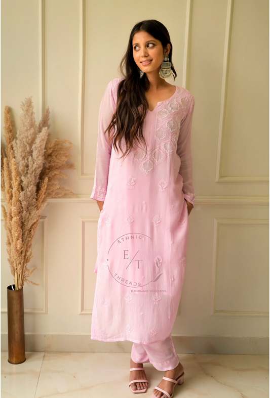 Elizeh chikankari and pearl 3 pc set in Pink