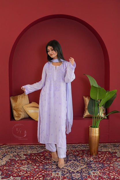 Hayat Chikankari muslin silk 3 pc set in Lavender