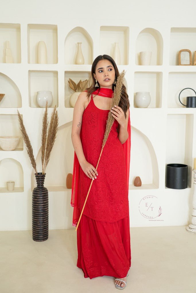 Anaya Chikankari noodle strap short kurti in Red