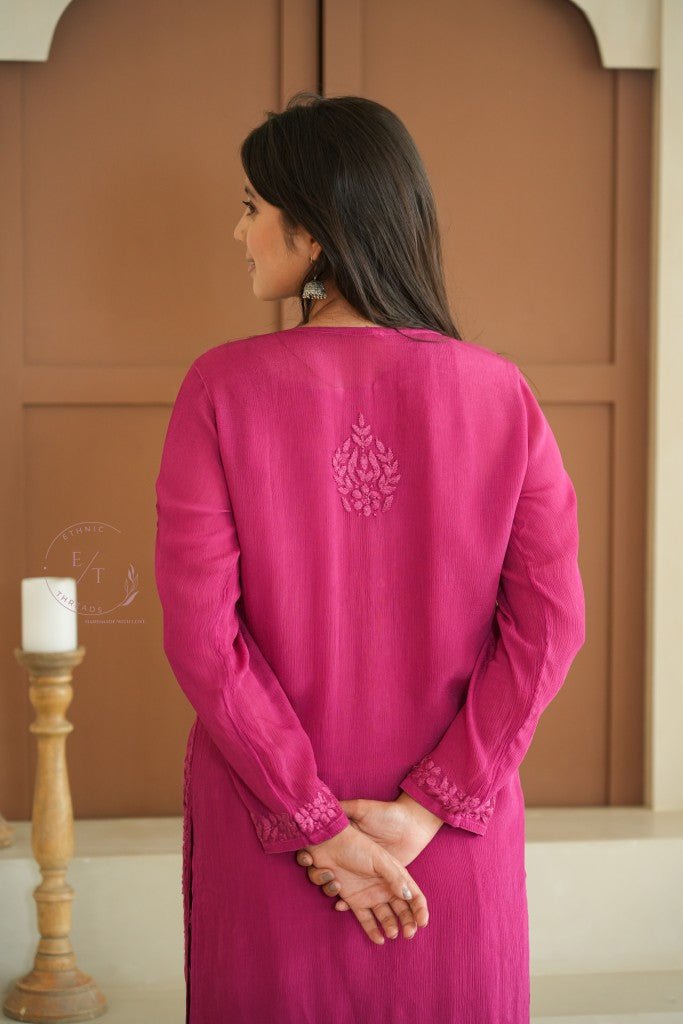 Gulmohar chinon chikankari 3 pc set in Magenta