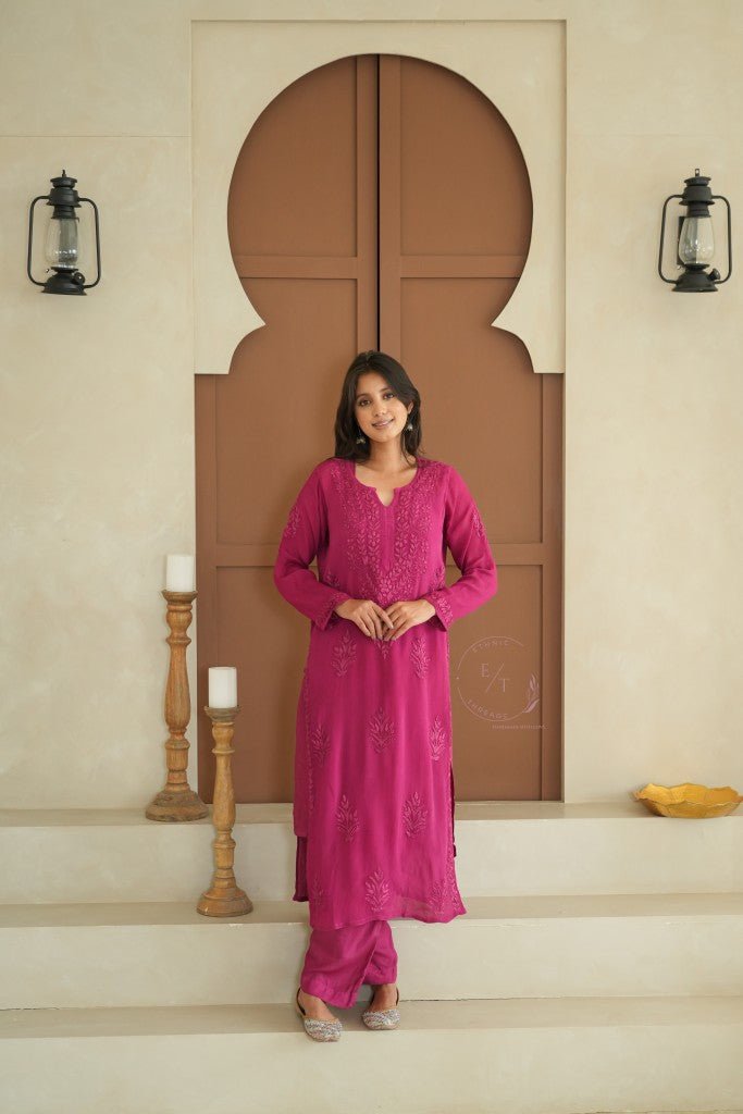 Gulmohar chinon chikankari 3 pc set in Magenta