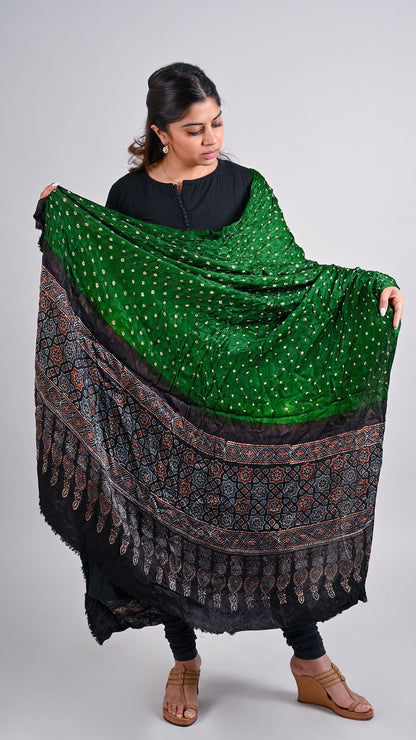 Green Bandhani Ajrakh Dupatta In Modal Silk