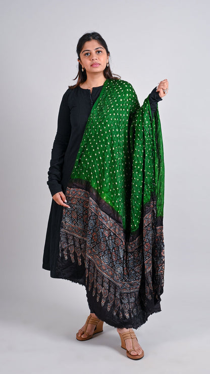 Green Bandhani Ajrakh Dupatta In Modal Silk