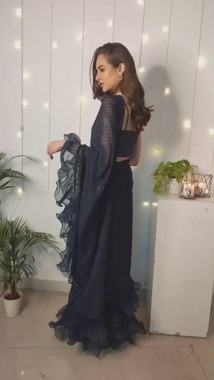 Navy Blue Ruffled Pre-Stitched Saree