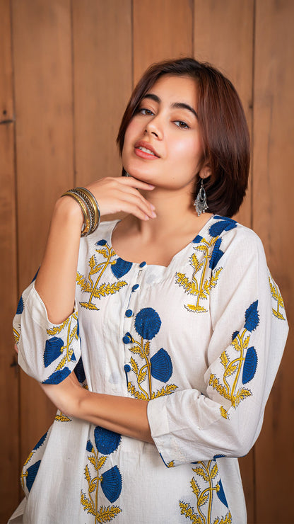 Ela Sanganeri Hand Block Cotton Kurta - White/Blue