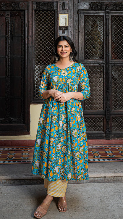 Nimrat Sanganeri Hand Block Cotton Kurta - Turquoise