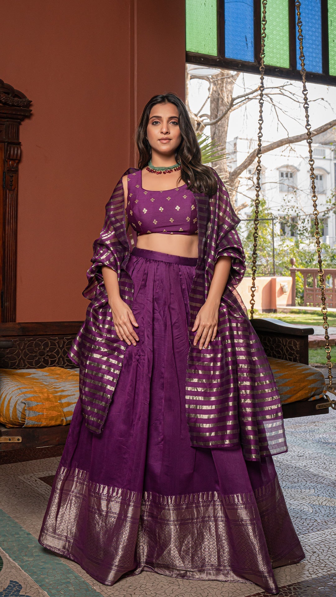 Pernia - Purple Woven Chanderi/Tissue Silk Lehenga Set