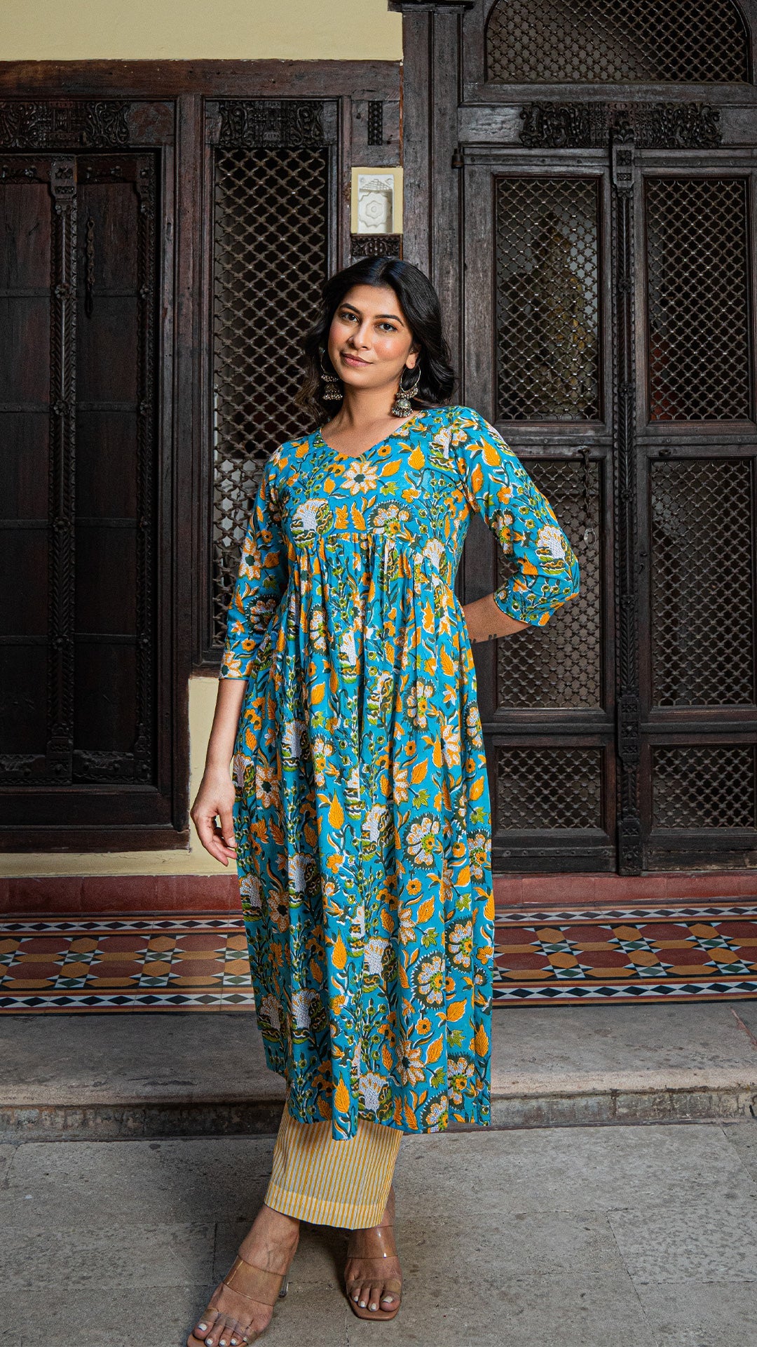 Nimrat Sanganeri Hand Block Cotton Kurta - Turquoise