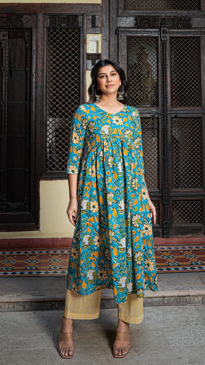 Nimrat Sanganeri Hand Block Cotton Kurta - Turquoise