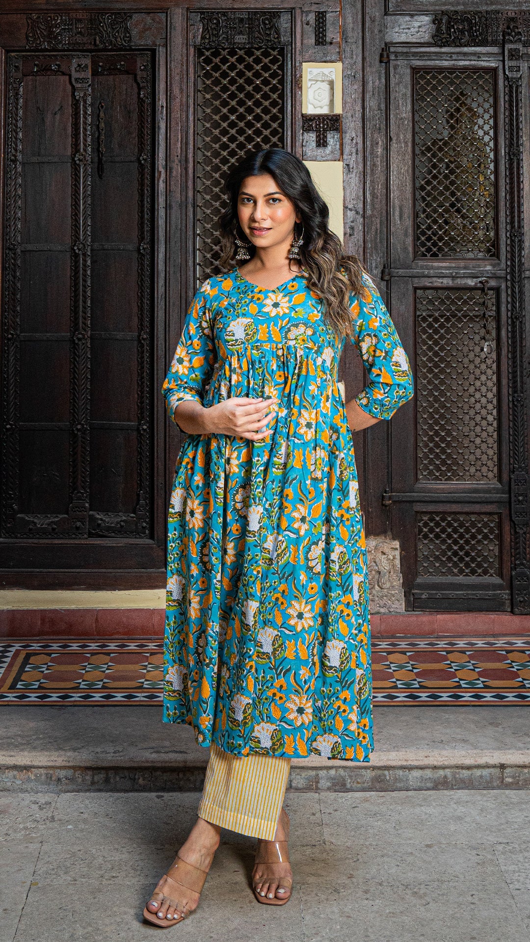 Nimrat Sanganeri Hand Block Cotton Kurta - Turquoise