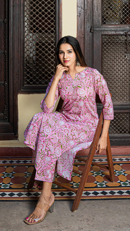 Netra Sanganeri Hand Block Kurta - Pink