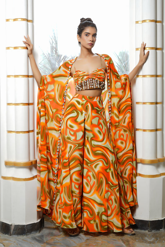 ORANGE MULTICOLOR ABSTRACT WAVE CO-ORD (SET OF 3)