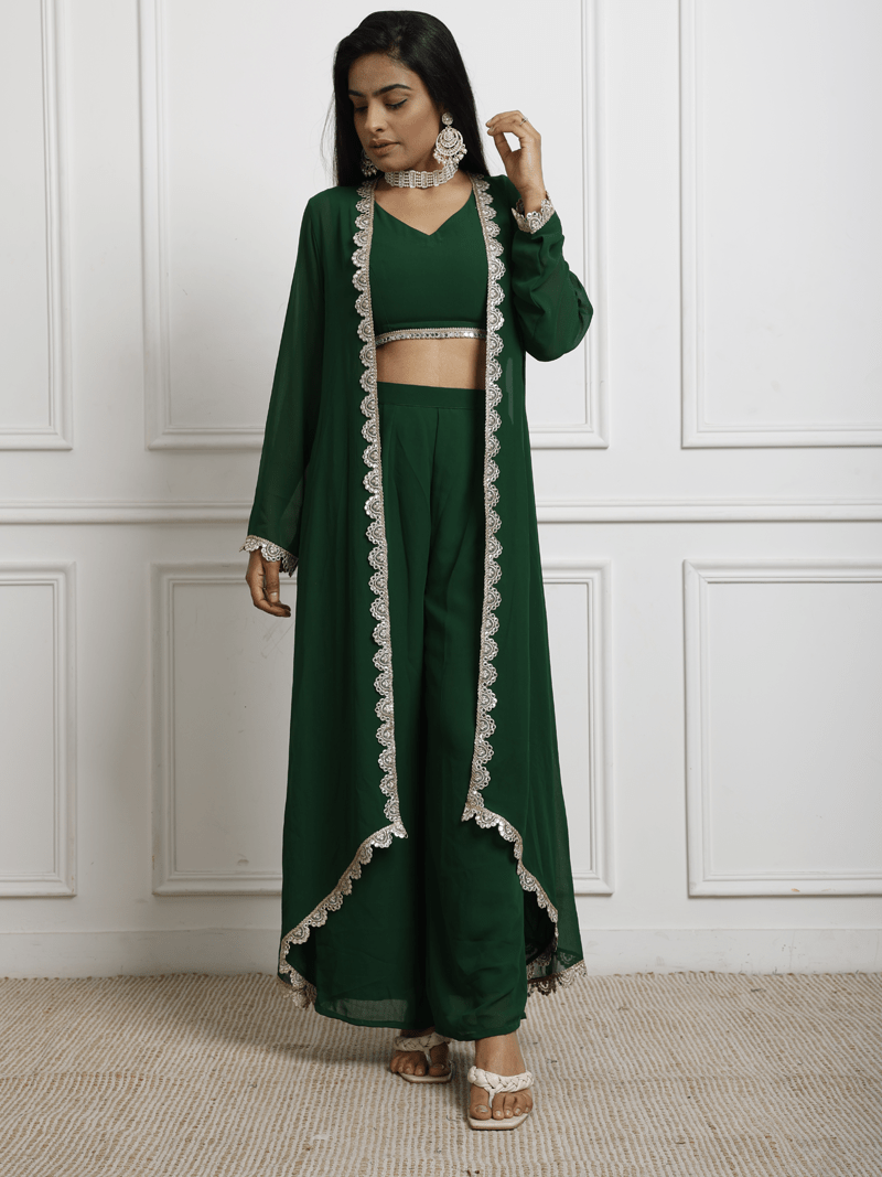 Green georgette top and flared pants with shrug