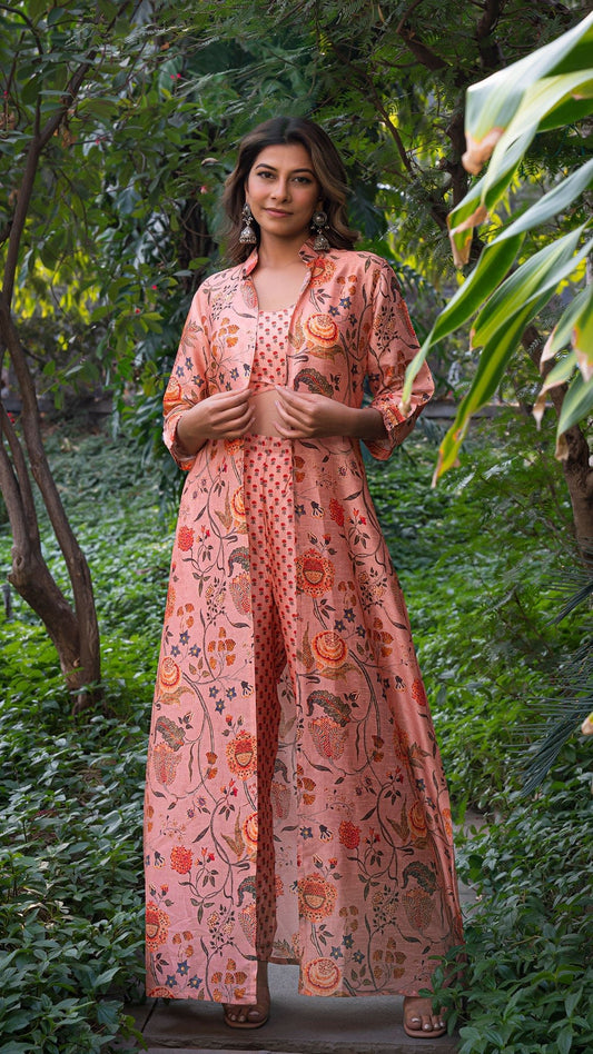Antara Floral Jaal Jacket In Silk With Small Butti Silk Pants & Crop Top - Peach