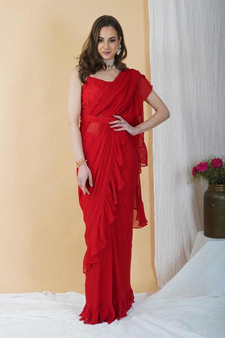 Scarlet Red Pre-Stitched Saree