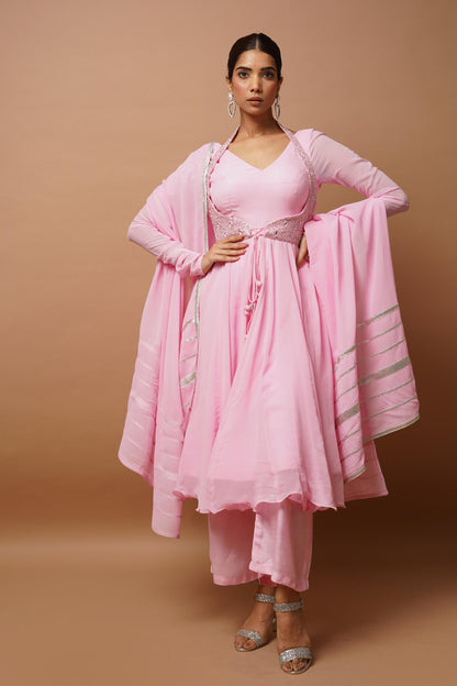 Baby Pink Anarkali Suit Set (Set Of 4)