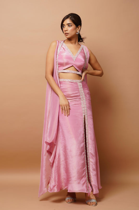 Pink Shimmer Draped Skirt Set (Set Of 3)