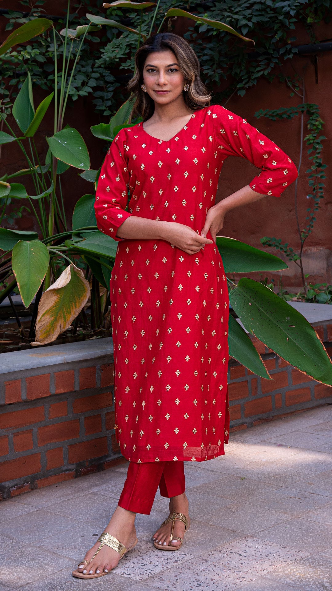 Ekaja Embellished Chanderi Silk Kurta Set in Red
