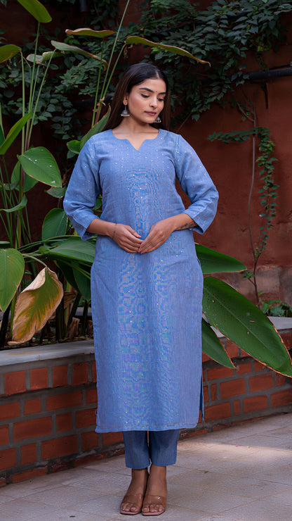 Durga Embellished Pure Linen Kurta + Pants - Pastel Blue