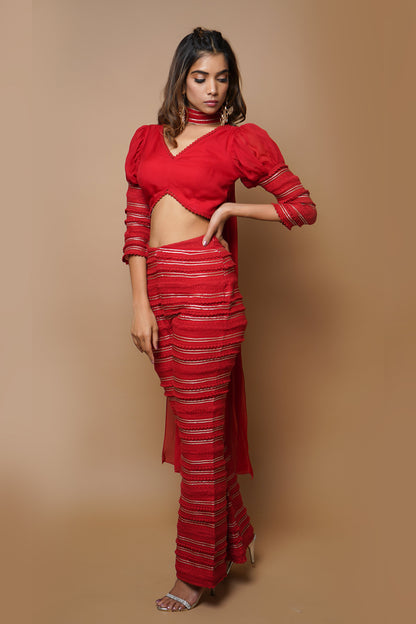 Hot Red Indo Western Set (Set Of 3)